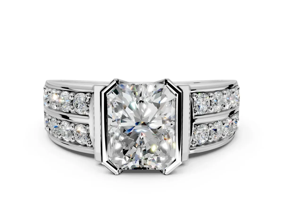 Bezel Engagement Ring Setting for Radiant Cut Center with Wide Channel-Set Band and Bezel Head in Sterling Silver