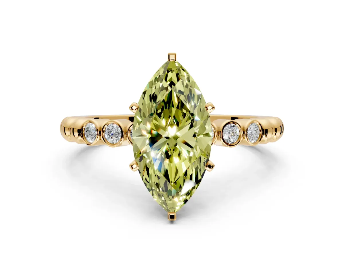 Solitaire Engagement Ring Setting for Fancy Yellow Marquise Center with Bezel-Dot Beaded Band and Prong Head in Yellow Gold