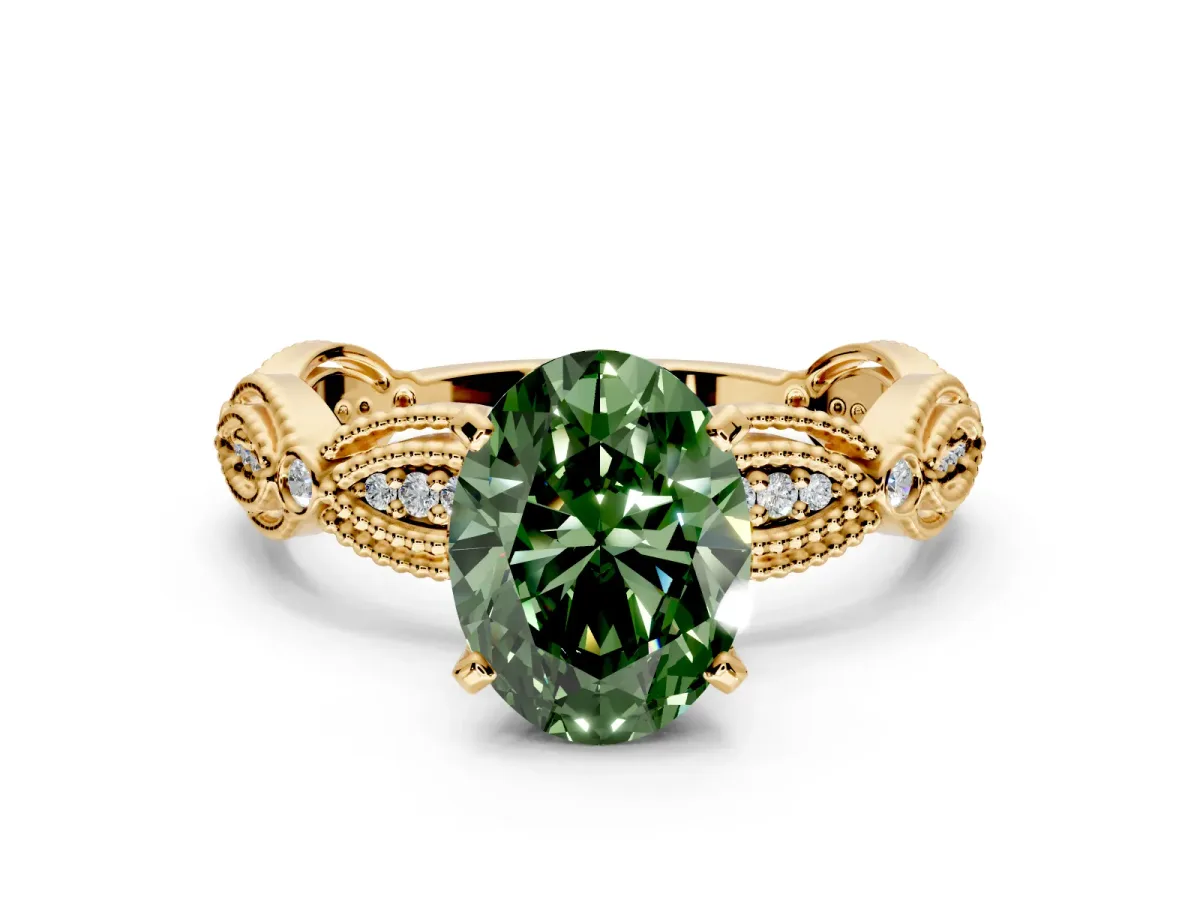 Solitaire Engagement Ring Setting for Fancy Green Oval Center with Marquise Panel Band and Prong Head in Yellow Gold