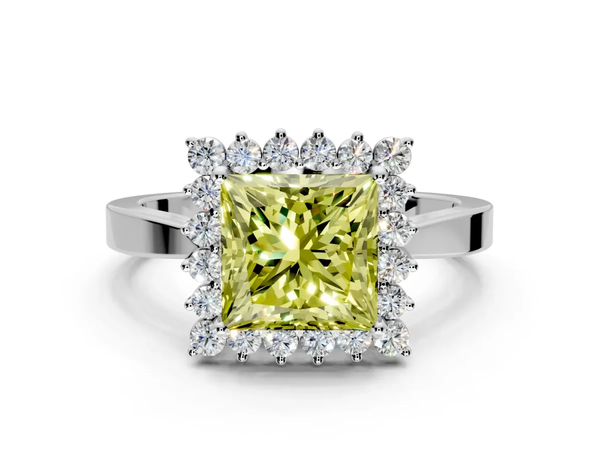 Starburst Halo Engagement Ring Setting for Fancy Yellow Princess Cut Center with Flat Cathedral Band and Prong Head in White Gold