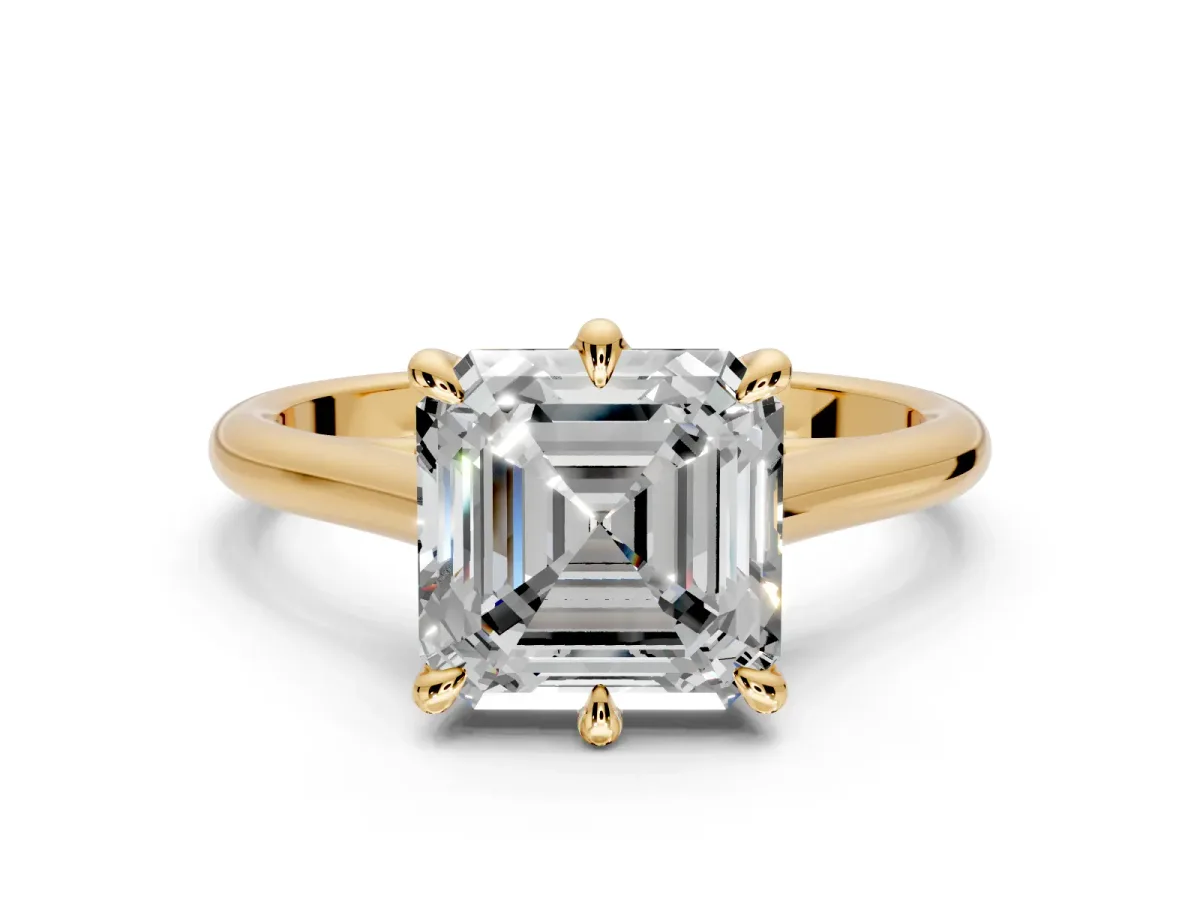 Solitaire Engagement Ring Setting for Asscher Cut Center with Cathedral Band and Prong Head in Yellow Gold