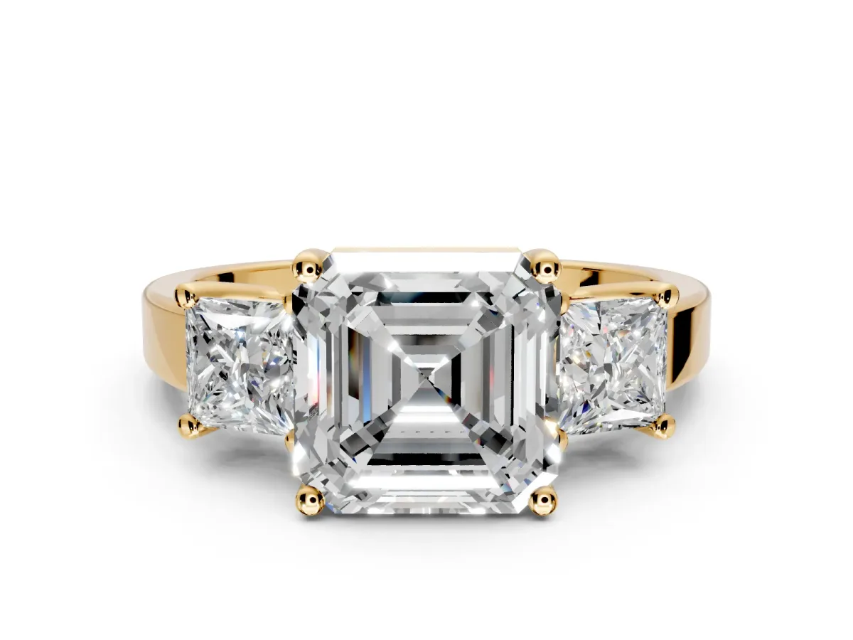 3 Stone Engagement Ring Setting for Asscher Cut Center with Matching Side Accents and Prong Head in Yellow Gold