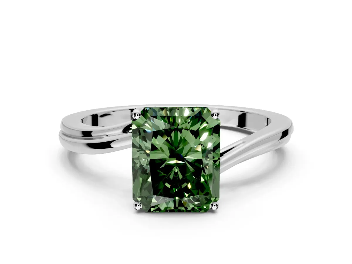 Solitaire Engagement Ring Setting for Fancy Green Radiant Cut Center with Plain Bypass Twist Band and Prong Head in Platinum
