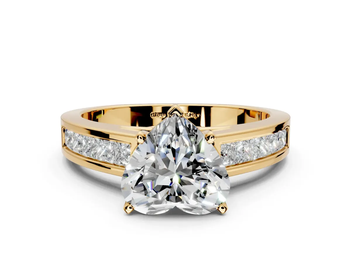 Solitaire Engagement Ring Setting for Heart-Shaped Center with Princess Cut Channel Band and Prong Head in Yellow Gold