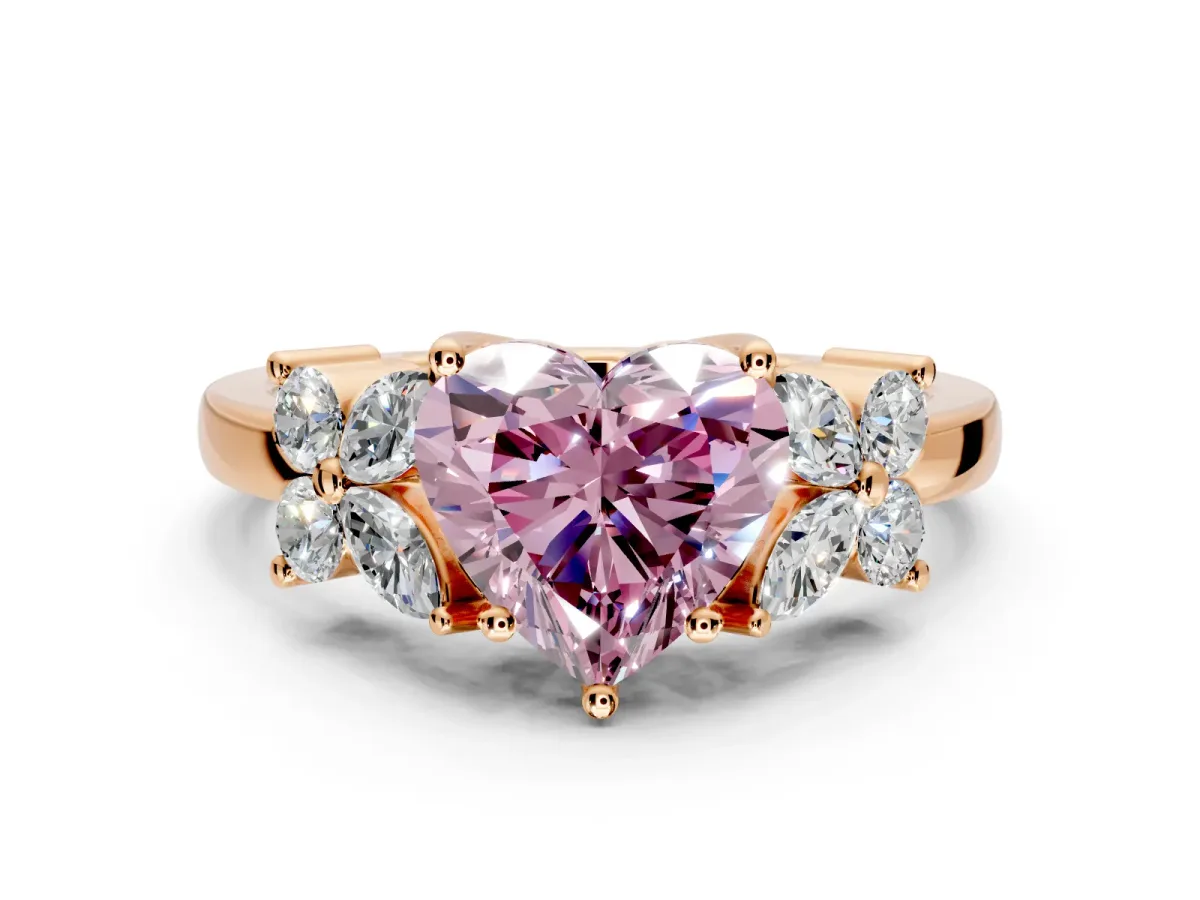 Floral Engagement Ring Setting for Fancy Pink Heart-Shaped Center with Marquise Cluster Shoulders and Prong Head in Rose Gold