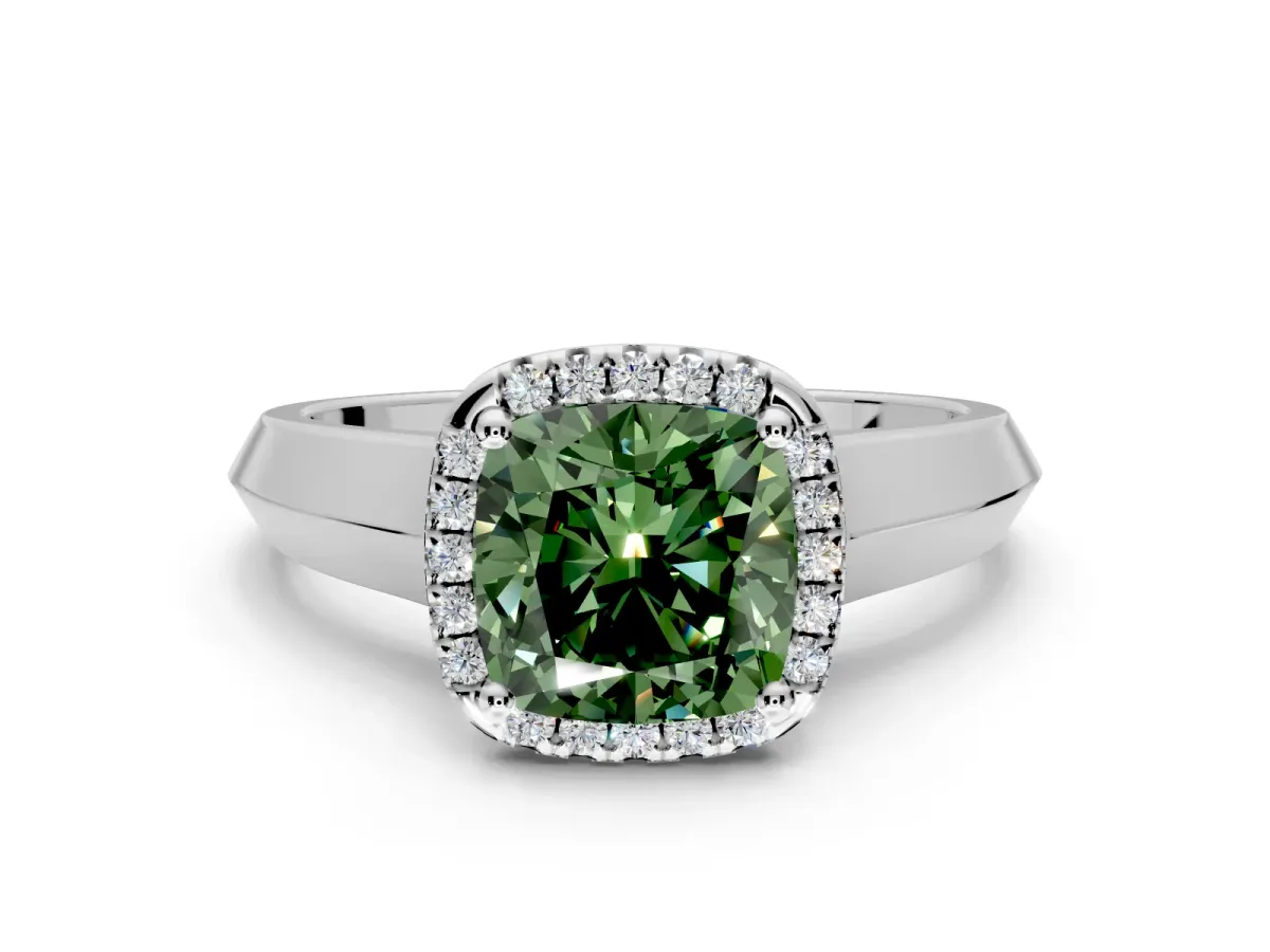 Halo Engagement Ring Setting for Fancy Green Cushion Cut Center with Knife Ridge Cathedral Band and Prong Head in White Gold