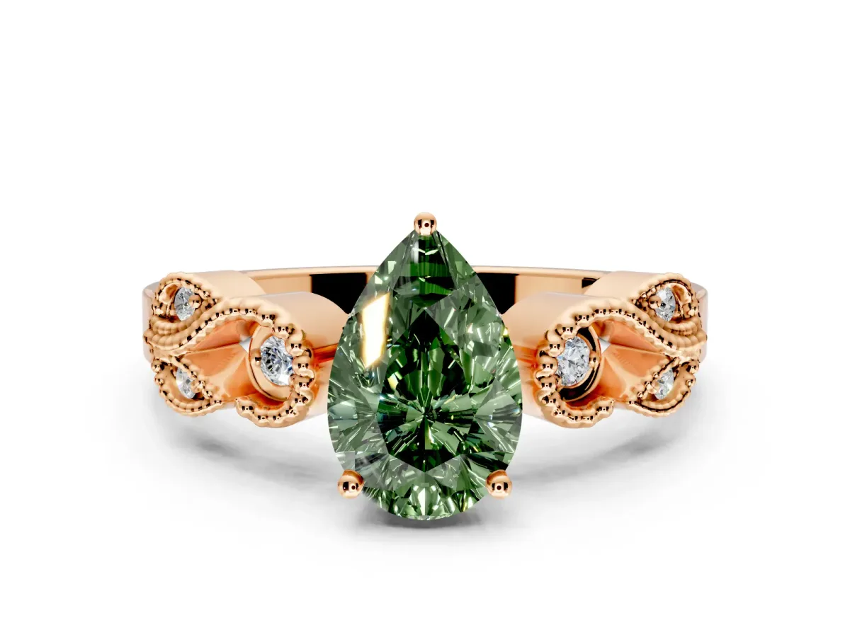 Leaf Engagement Ring Setting for Fancy Green Pear-Shaped Center with Milgrain Accent Band and Prong Head in Rose Gold