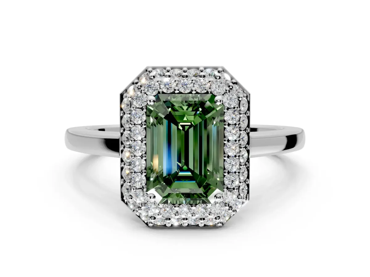 Halo Engagement Ring Setting for Fancy Green Emerald Cut Center with Plain Tapered Band and Prong Head in Sterling Silver