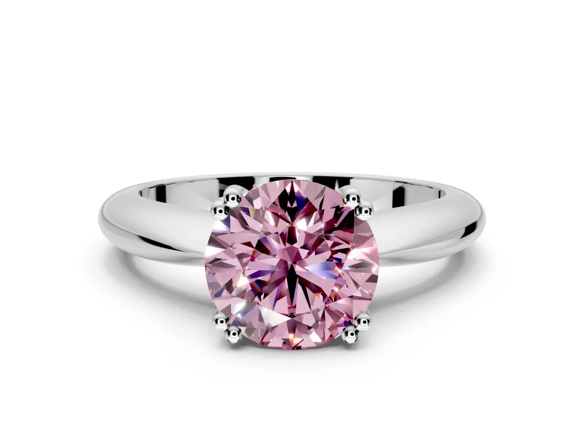 Solitaire Engagement Ring Setting for Fancy Pink Round Cut Center with Reverse Tapered Band and Prong Head in Sterling Silver