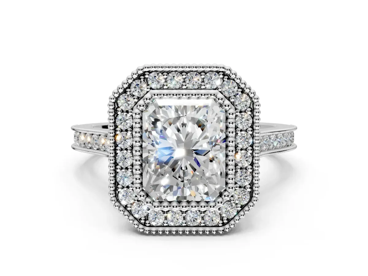 Halo Engagement Ring Setting for Radiant Cut Center with Milgrain Frame, Pave Band and Prong Head in White Gold