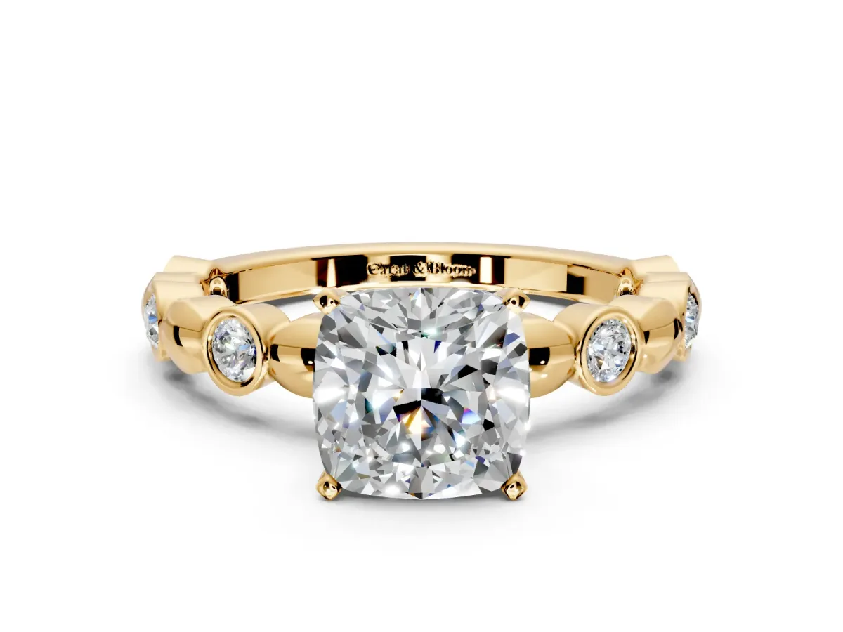 Solitaire Engagement Ring Setting for Cushion Cut Center with Beaded Bezel Station Band and Prong Head in Yellow Gold
