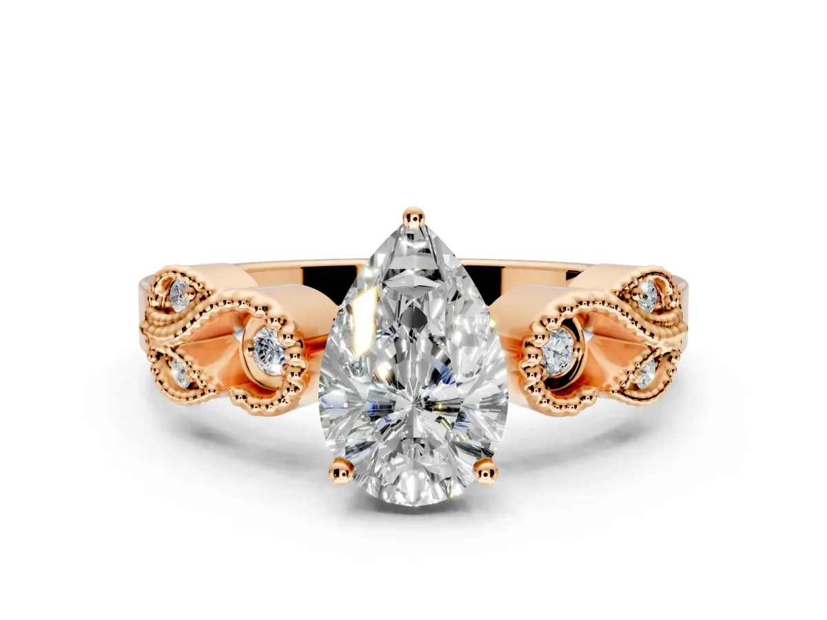 Leaf Engagement Ring Setting for Pear-Shaped Center with Milgrain Accent Band and Prong Head in Rose Gold