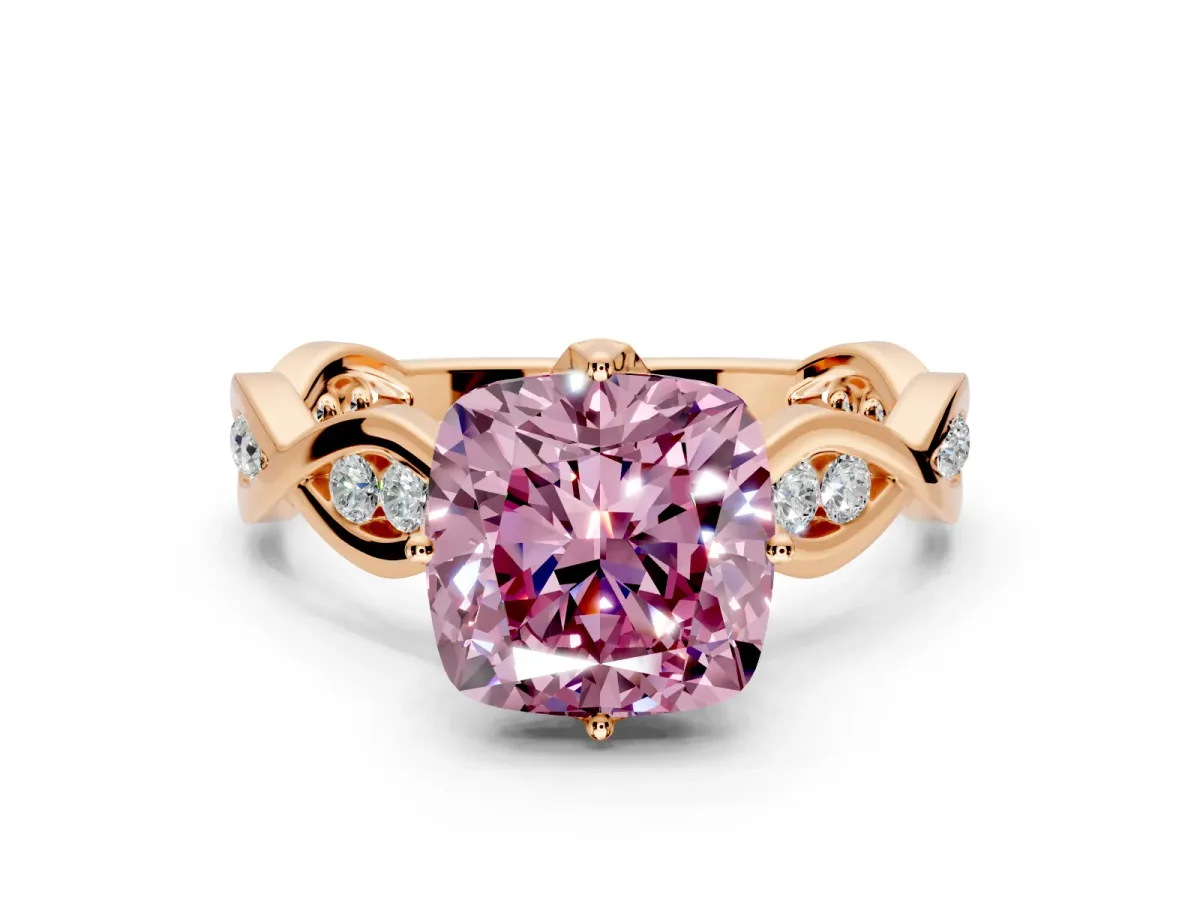 Solitaire Engagement Ring Setting for Fancy Pink Cushion Cut Center with Accented Twist Band and Leaf Prong Head in Rose Gold