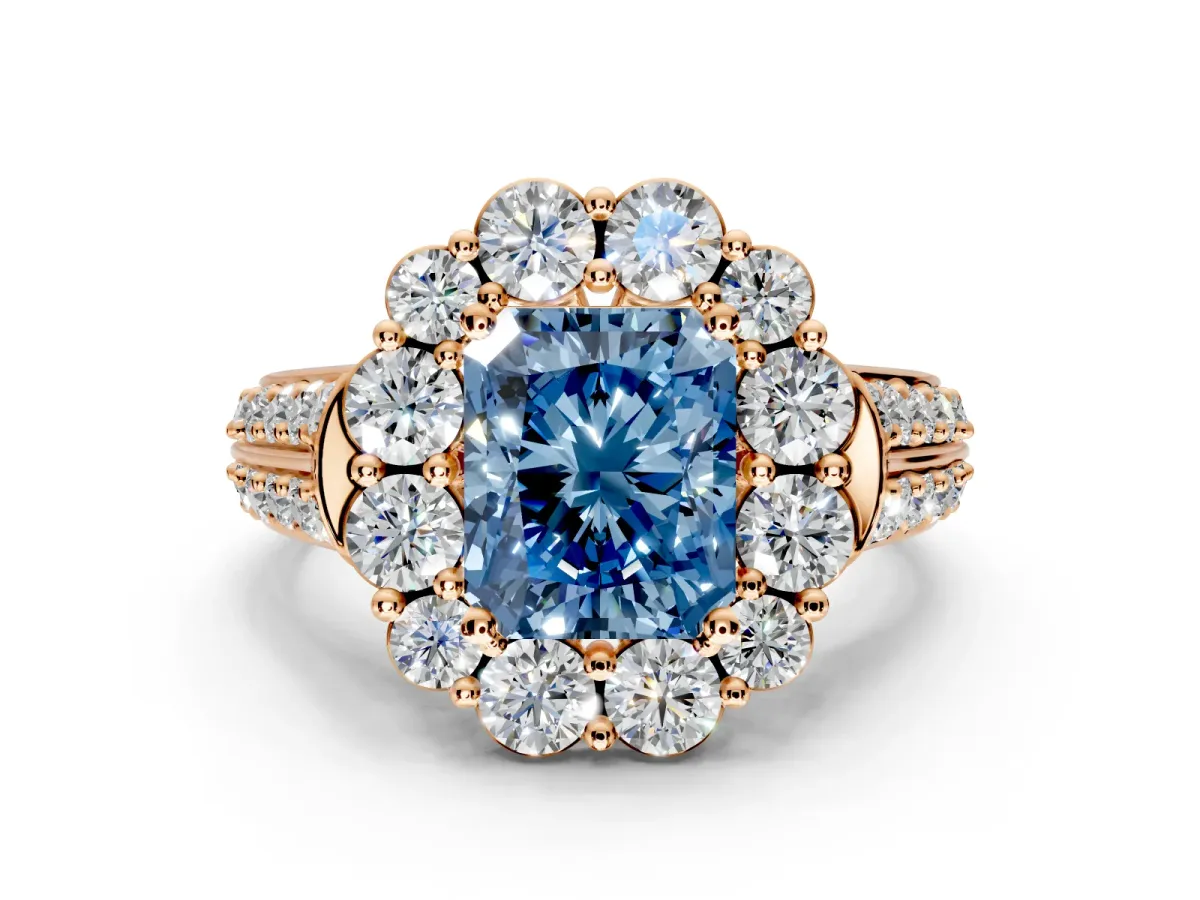 Large Accent Halo Engagement Ring Setting for Fancy Blue Radiant Cut Center with Pave Split Shank and Prong Head in Rose Gold