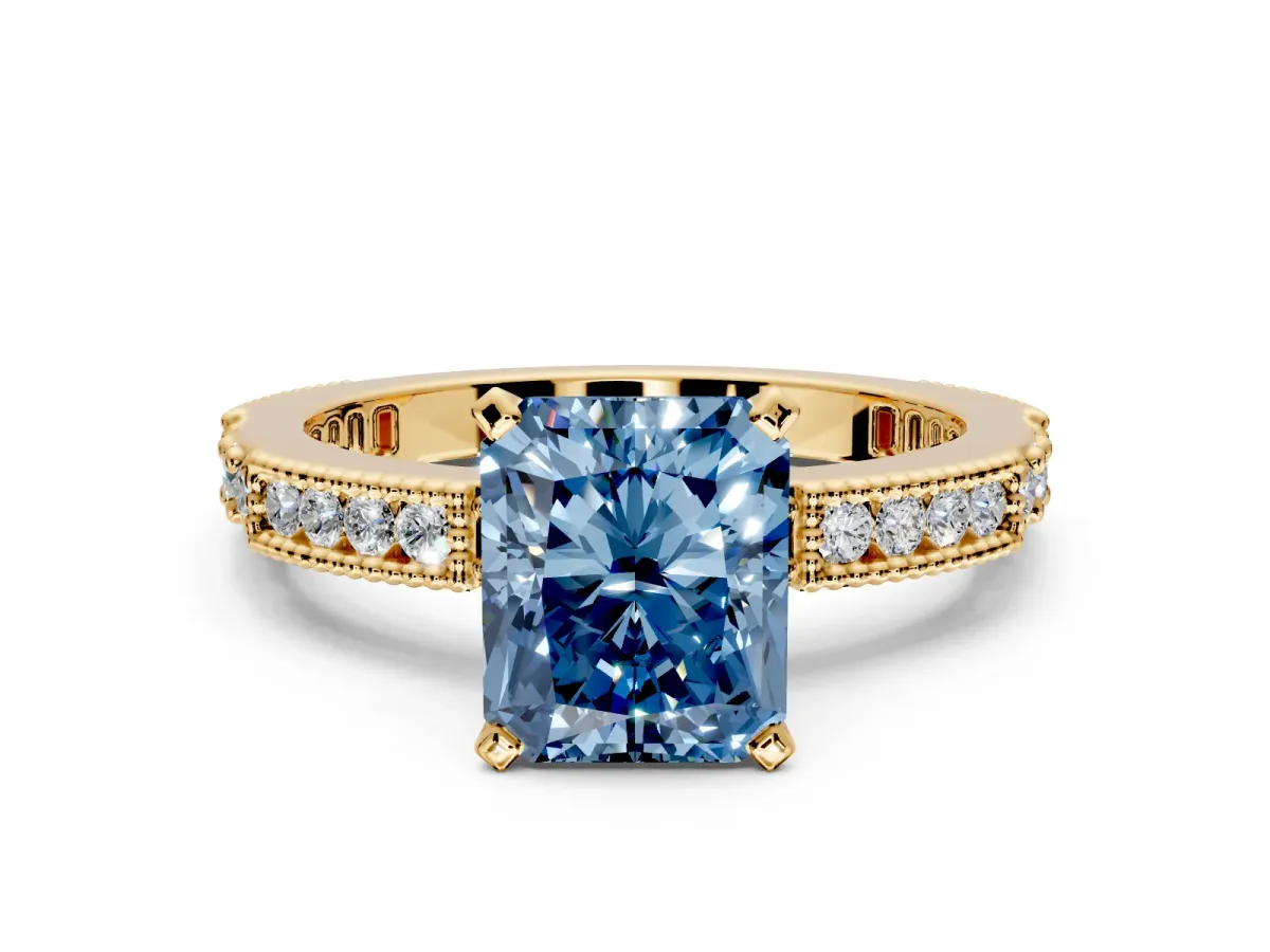 Solitaire Engagement Ring Setting for Fancy Blue Radiant Cut Center with Milgrain-Edged Pave Band and Prong Head in Yellow Gold