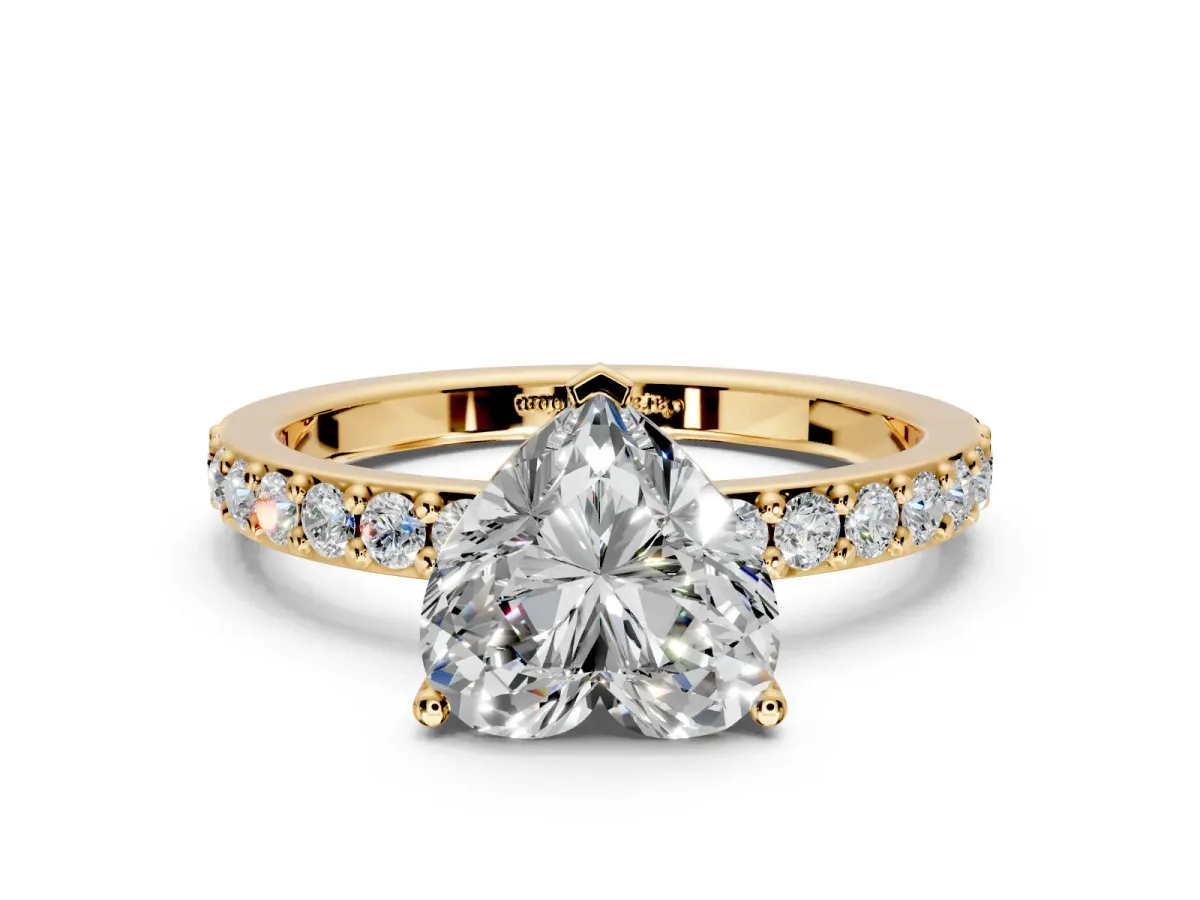 Solitaire Engagement Ring Setting for Heart-Shaped Center with Round Cut Pave Band and Prong Head in Yellow Gold