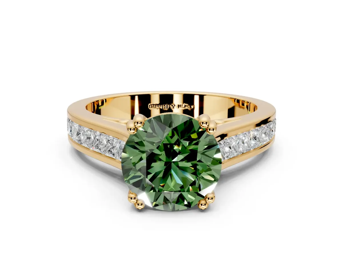Solitaire Engagement Ring Setting for Fancy Green Round Cut Center with Channel Band and Double Claw Prong Head in Yellow Gold