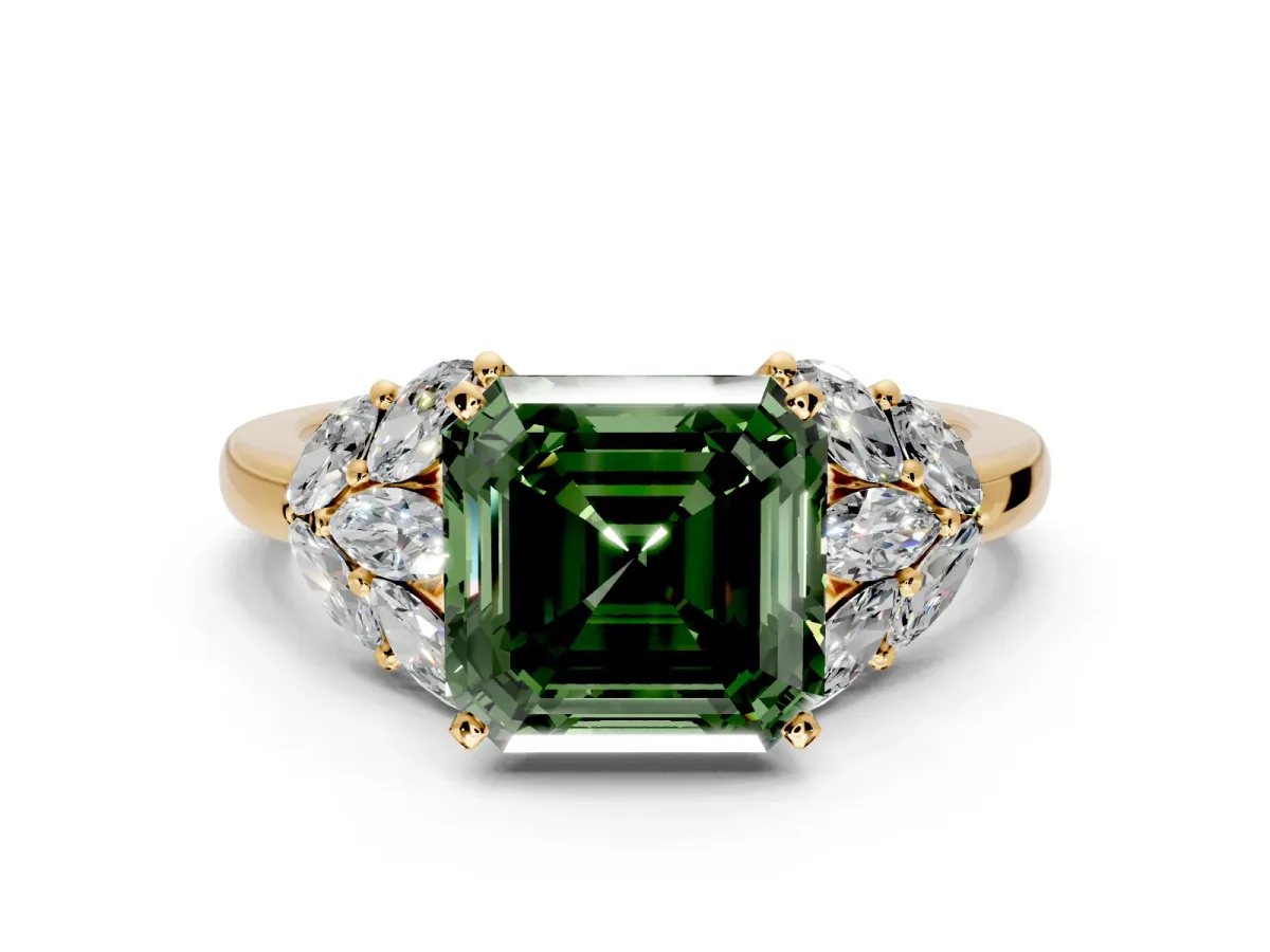 Leaf Cluster Engagement Ring Setting for Fancy Green Asscher Cut Center with Marquise Accents and Prong Head in Yellow Gold