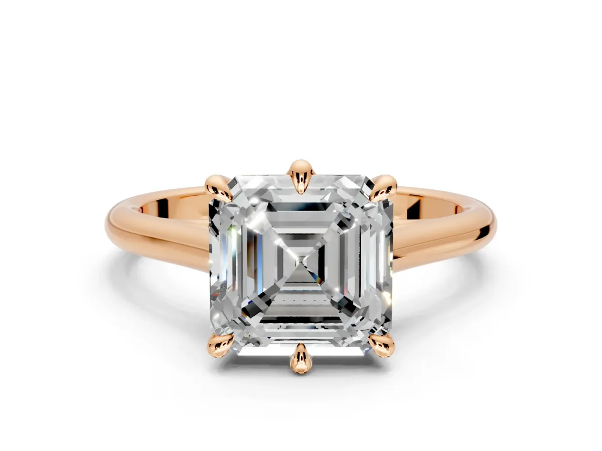 Solitaire Engagement Ring Setting for Asscher Cut Center with Cathedral Band and Prong Head in Rose Gold