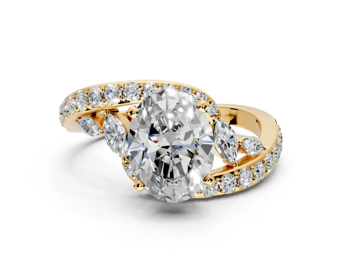 Solitaire Engagement Ring Setting for Oval Center with Pave Bypass Twist Band and Prong Head in Yellow Gold