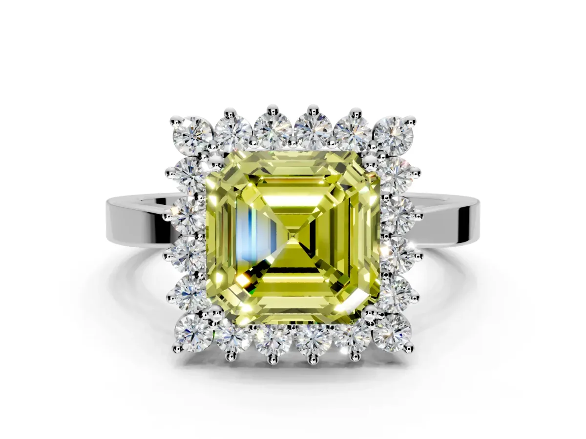 Starburst Halo Engagement Ring Setting for Fancy Yellow Asscher Cut Center with Flat Cathedral Band and Prong Head in White Gold