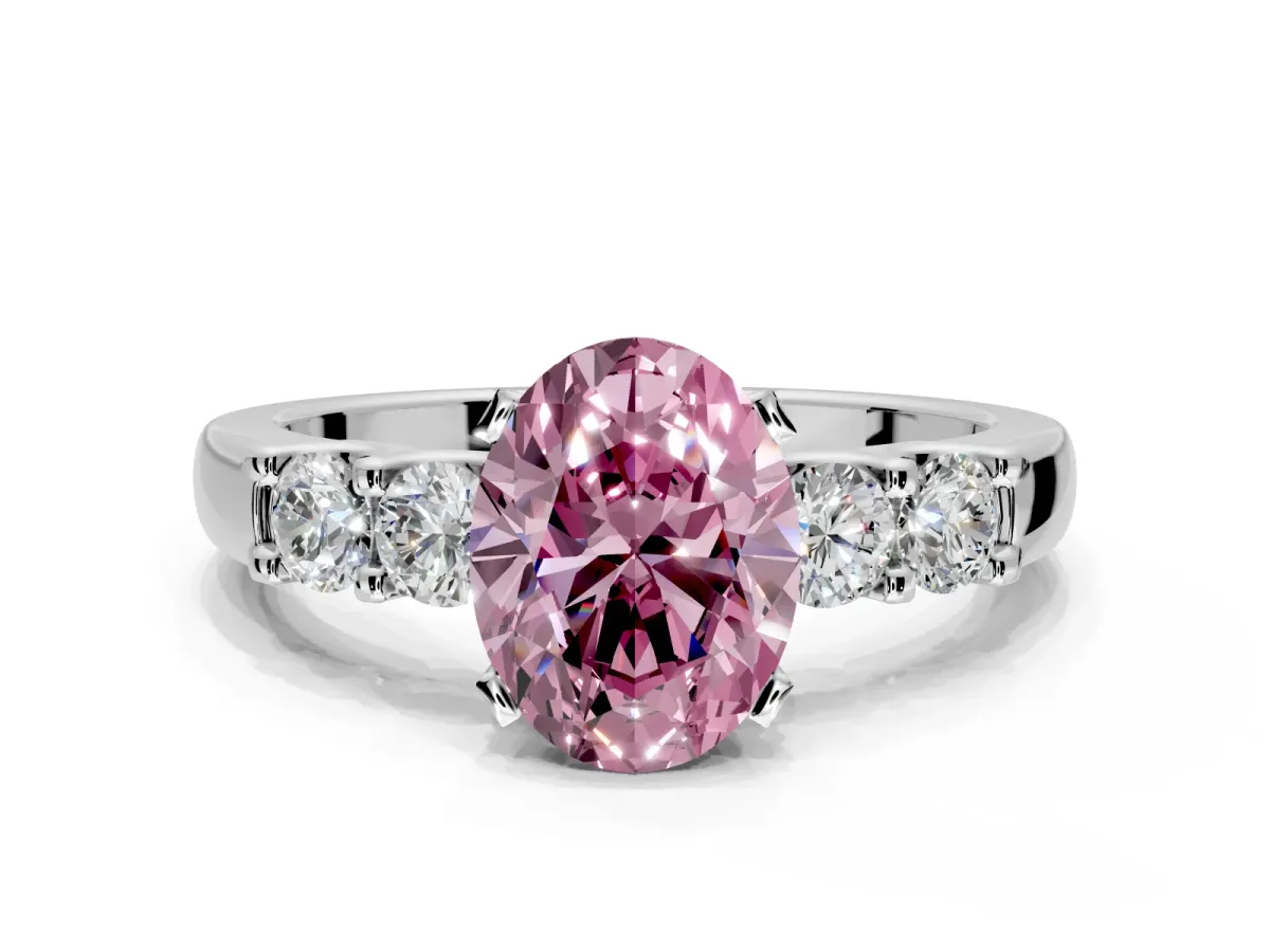 5 Stone Engagement Ring Setting for Fancy Pink Oval Center with Plain Band and Prong Head in Sterling Silver