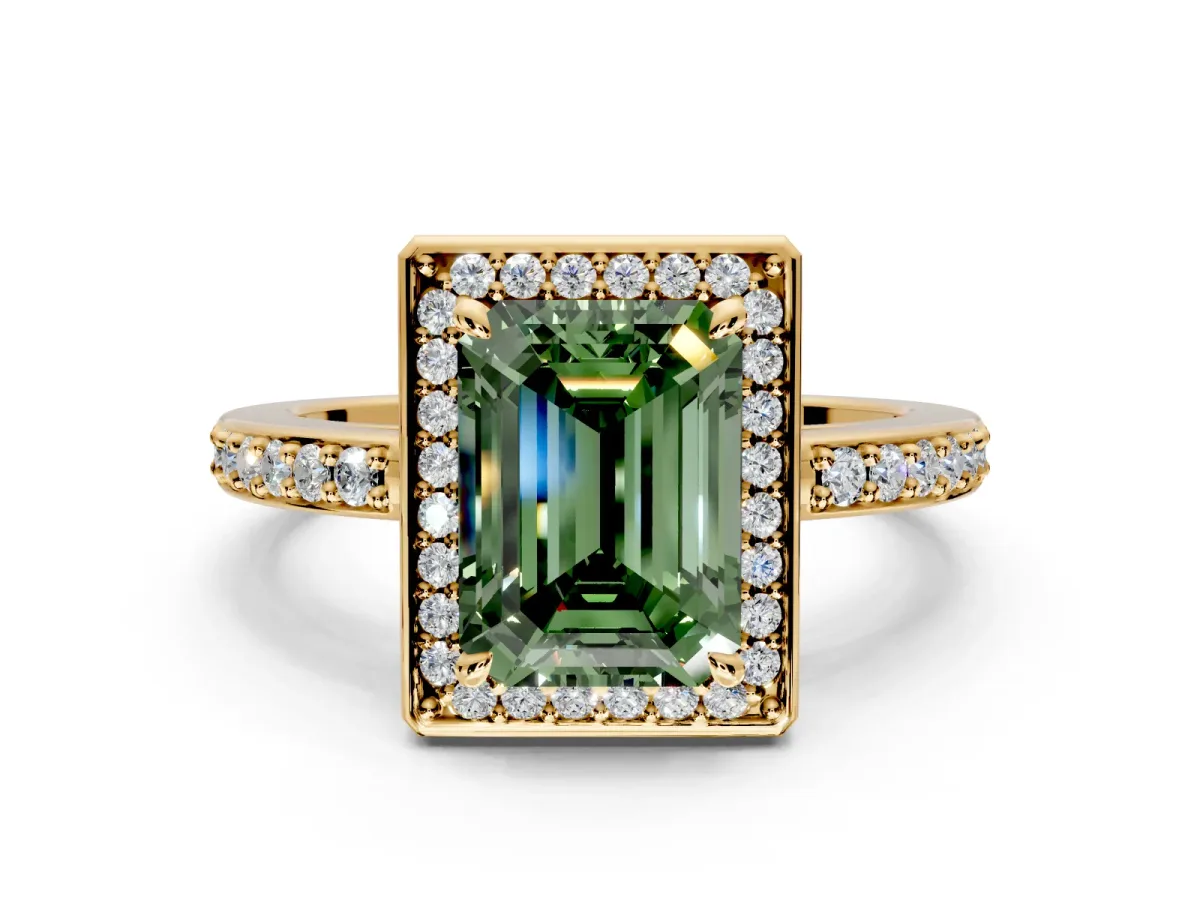 Halo Engagement Ring Setting for Fancy Green Emerald Cut Center with Metal-Rimmed Halo, Pave Band and Prong Head in Yellow Gold