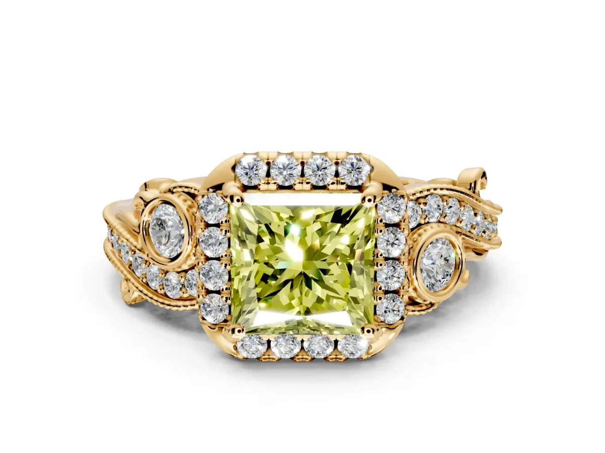 Milgrain Halo Engagement Ring Setting for Fancy Yellow Princess Cut Center with Shoulder Bezels and Prong Head in Yellow Gold