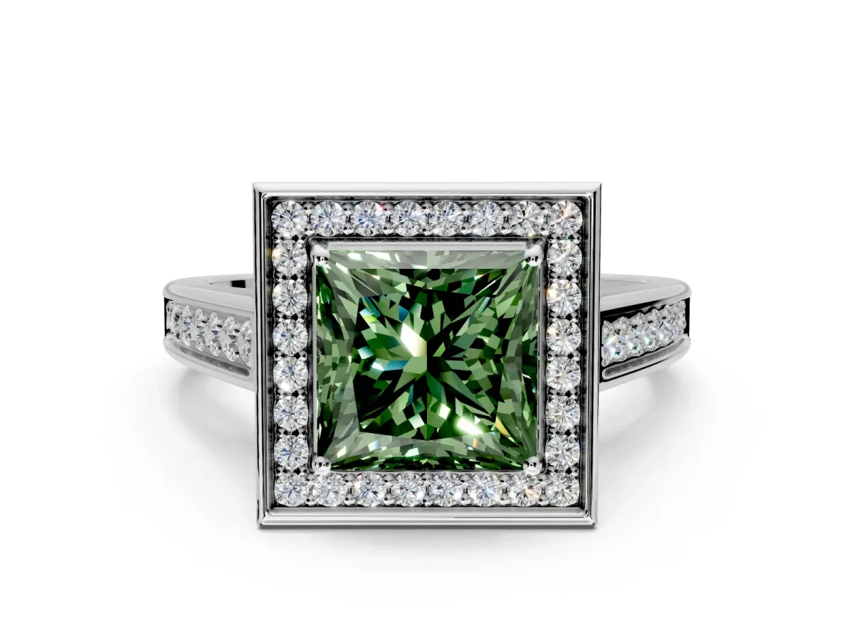Halo Engagement Ring Setting for Fancy Green Princess Cut Center with Outer Bezel Rim, Pave Band and Prong Head in Platinum
