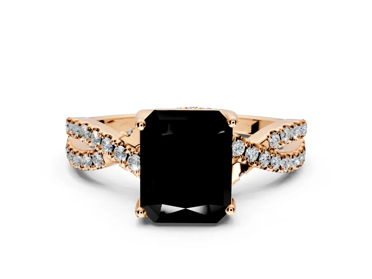 Solitaire Engagement Ring Setting for Fancy Black Radiant Cut Center with Narrow Twist Pave Band and Prong Head in Rose Gold