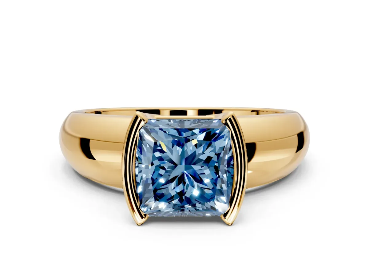 Tension Engagement Ring Setting for Fancy Blue Princess Cut Center with Wide Flat Band and Tension Head in Yellow Gold