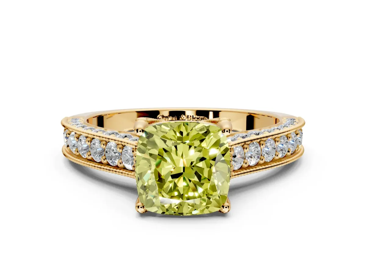 Solitaire Engagement Ring Setting for Fancy Yellow Cushion Cut Center with Milgrain-Framed Pave Band and Prong Head in Yellow Gold