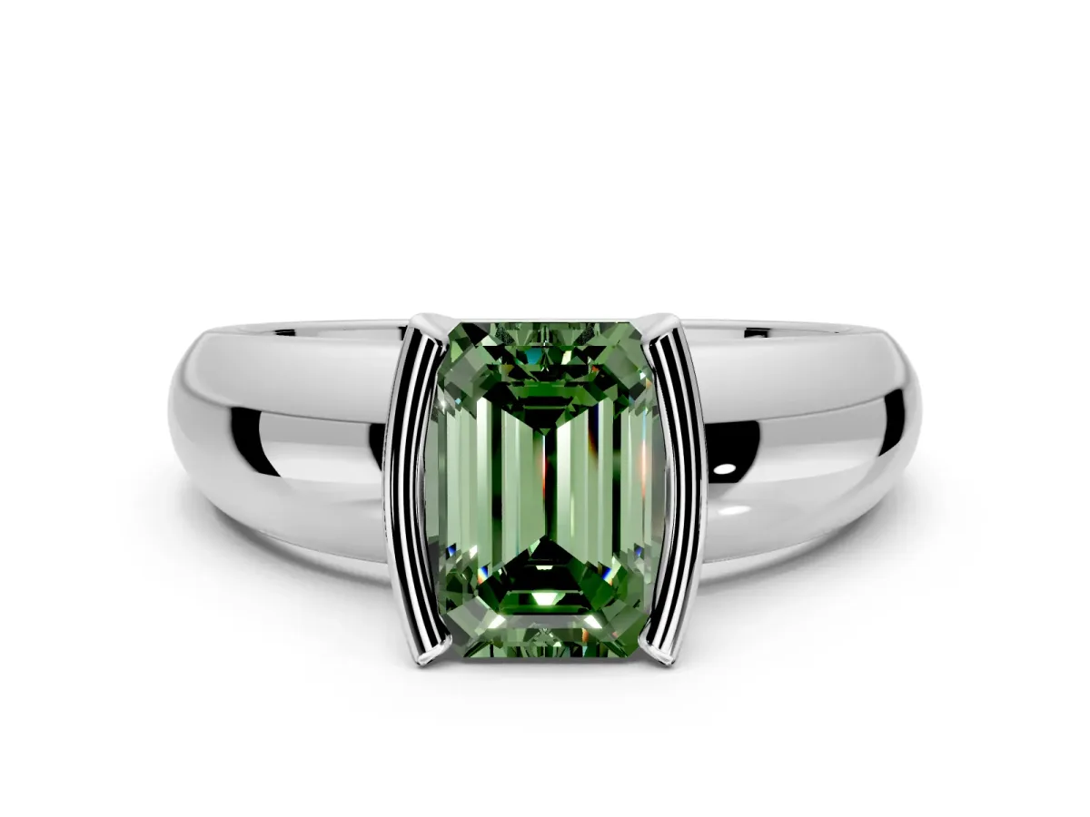 Tension Engagement Ring Setting for Fancy Green Emerald Cut Center with Wide Flat Band and Tension Head in Sterling Silver