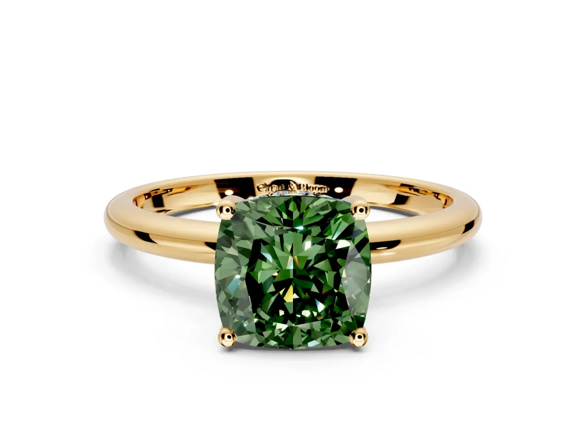Hidden Halo Engagement Ring Setting for Fancy Green Cushion Cut Center with Thin Round-Wire Band and Prong Head in Yellow Gold