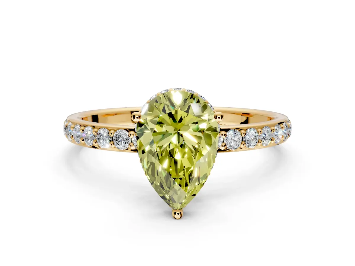 Hidden Halo Engagement Ring Setting for Fancy Yellow Pear-Shaped Center with Pave Band and Prong Head in Yellow Gold