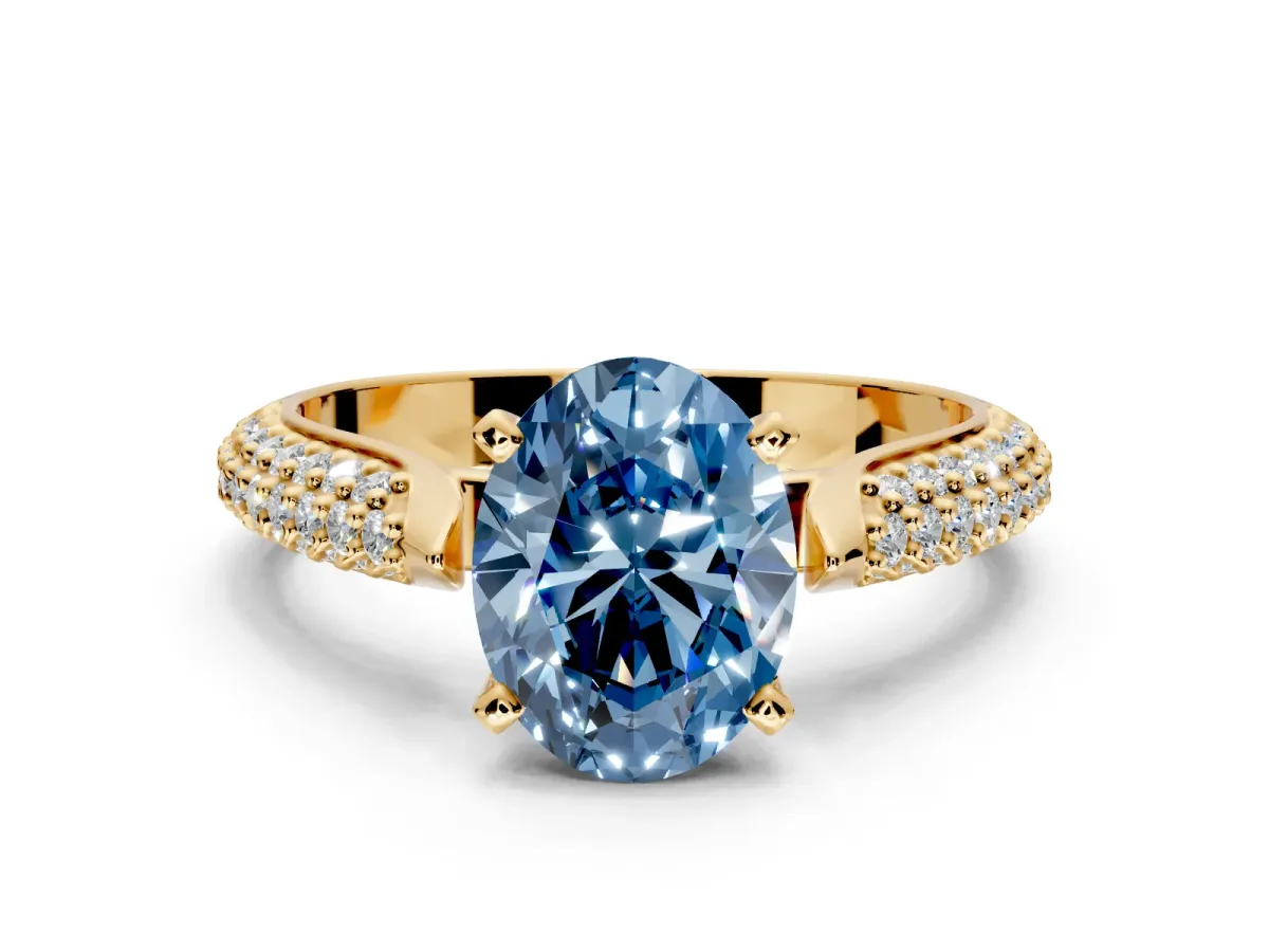 Solitaire Engagement Ring Setting for Fancy Blue Oval Center with Multi-Row Accents and Prong Head in Yellow Gold