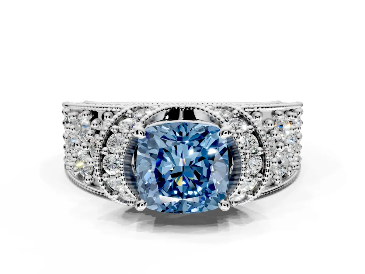 Pave Engagement Ring Setting for Fancy Blue Cushion Cut Center with Curved Accent Rows, Openwork and Prong Head in Sterling Silver