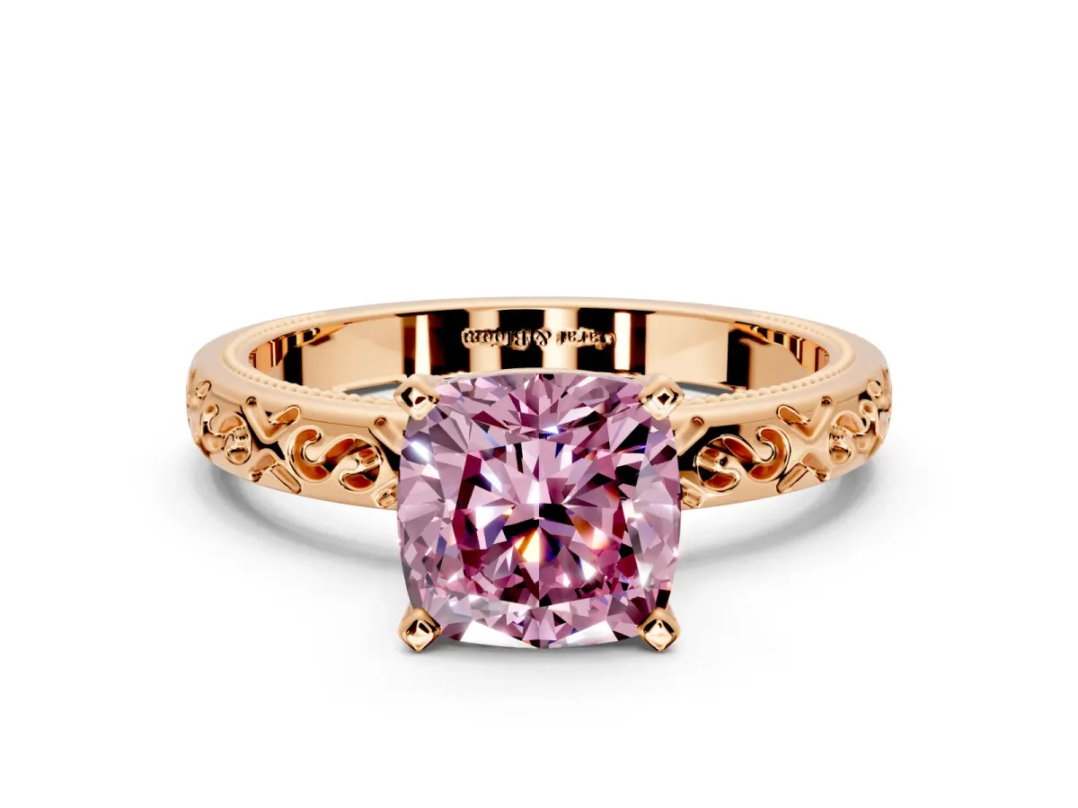 Solitaire Engagement Ring Setting for Fancy Pink Cushion Cut Center with Scrollwork Band and Prong Head in Rose Gold