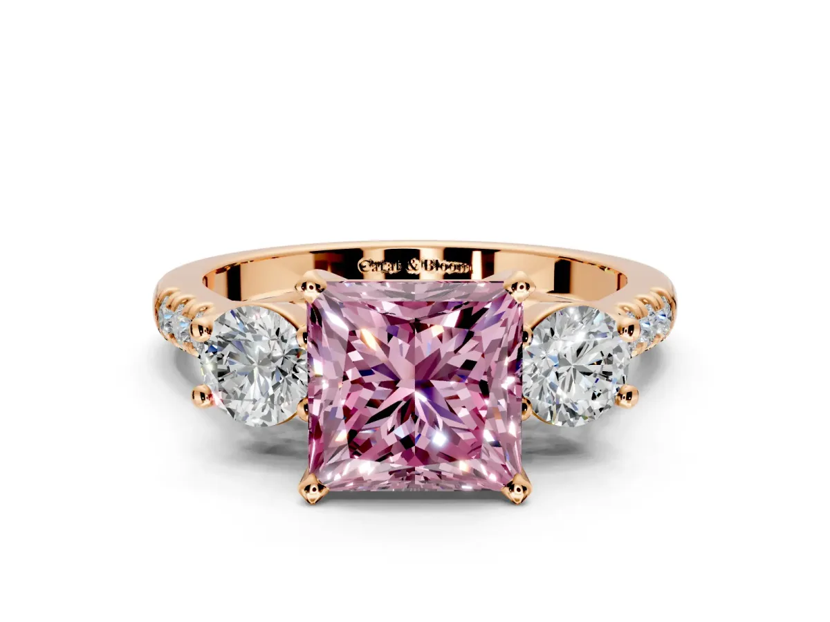 3 Stone Engagement Ring Setting for Fancy Pink Princess Cut Center with Crossover Basket, Pave Band and Prong Head in Rose Gold