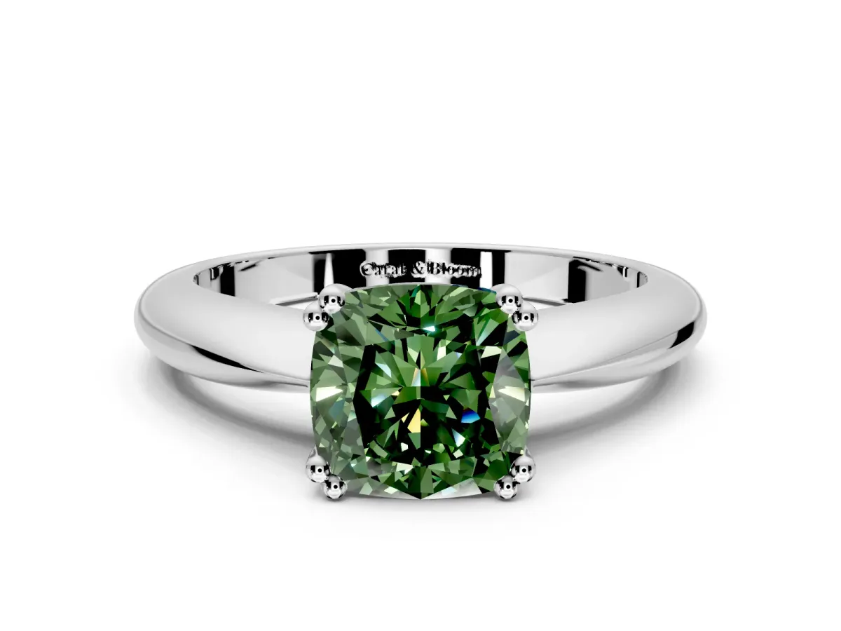 Solitaire Engagement Ring Setting for Fancy Green Cushion Cut Center with Reverse Tapered Band and Prong Head in Sterling Silver