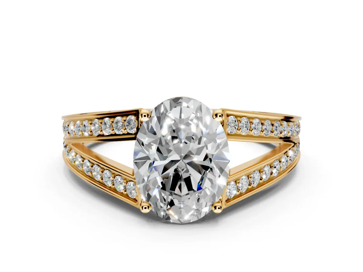 Split Shank Engagement Ring Setting for Oval Center with Pave Split Shank and Prong Head in Yellow Gold