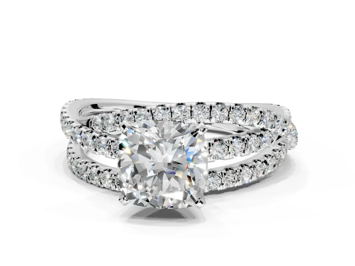 Solitaire Engagement Ring Setting for Cushion Cut Center with Woven 3-Strand Pave Band and Prong Head in White Gold