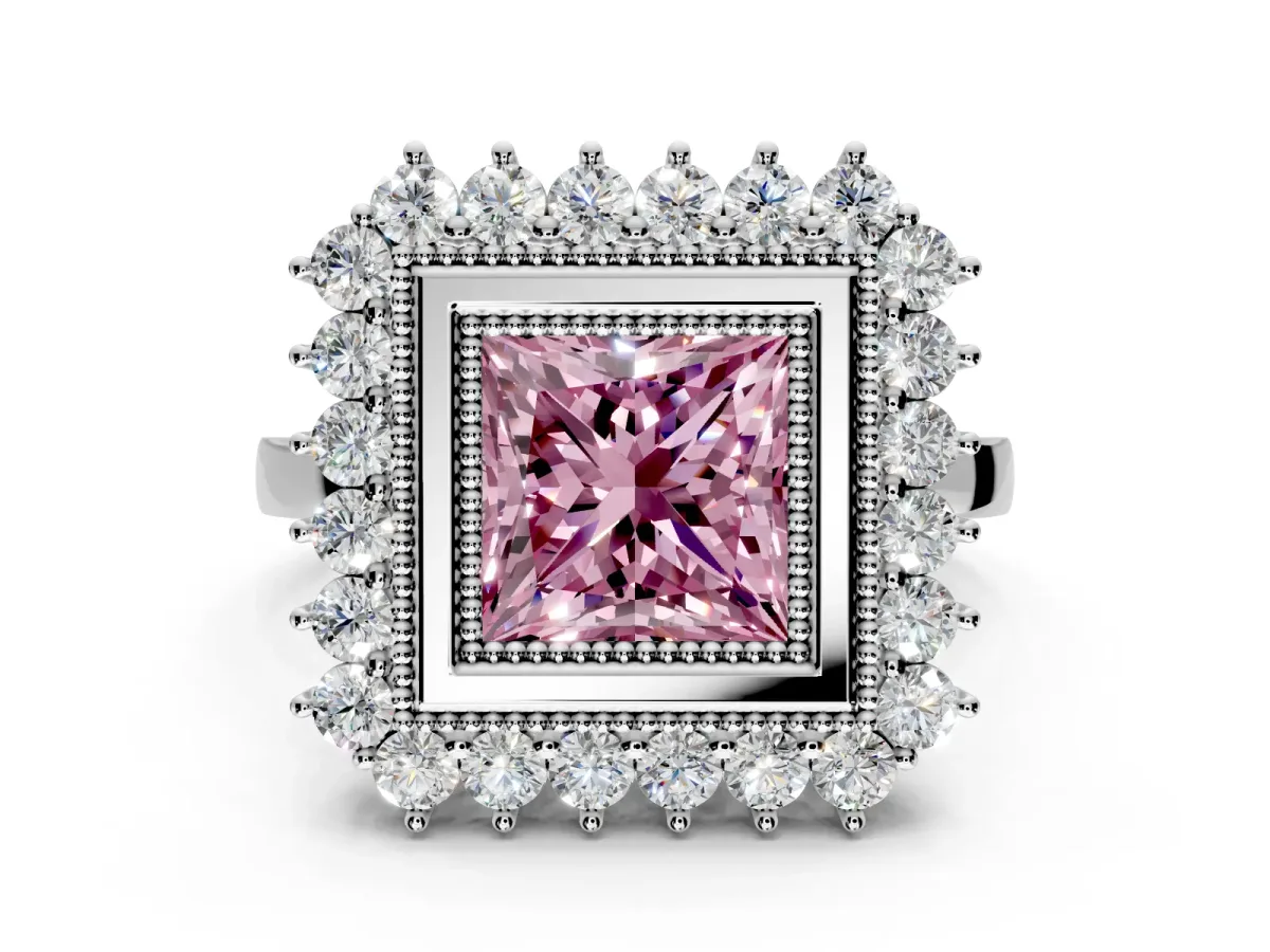 Halo Engagement Ring Setting for Fancy Pink Princess Cut Center with Milgrain Bezel Rim, Plain Band and Prong Head in Platinum