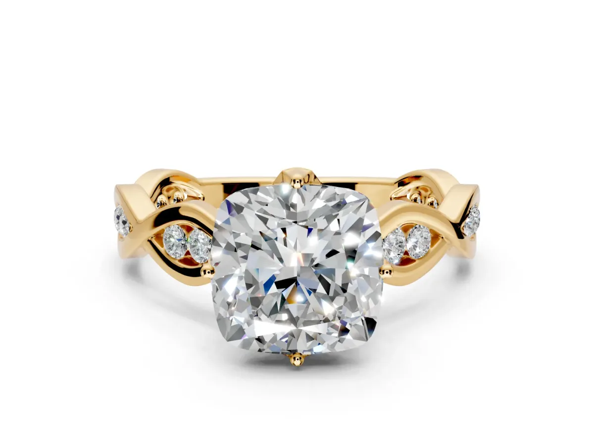 Solitaire Engagement Ring Setting for Cushion Cut Center with Accented Twist Band and Leaf Prong Head in Yellow Gold