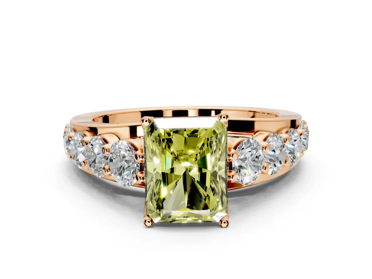 Solitaire Engagement Ring Setting for Fancy Yellow Radiant Cut Center with Graduated Shared Prongs and Prong Head in Rose Gold
