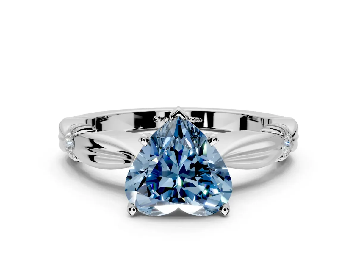 Solitaire Engagement Ring Setting for Fancy Blue Heart-Shaped Center with Carved Leaf Shoulders and Prong Head in Platinum