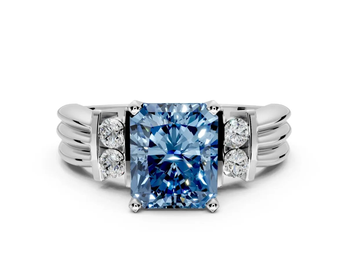 Solitaire Engagement Ring Setting for Fancy Blue Radiant Cut Center with Grooved Bar Accent Band and Prong Head in White Gold