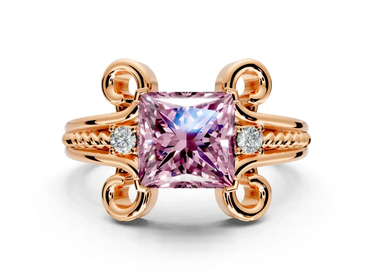 Solitaire Engagement Ring Setting for Fancy Pink Princess Cut Center with Twisted Band and Scroll Prong Head in Rose Gold