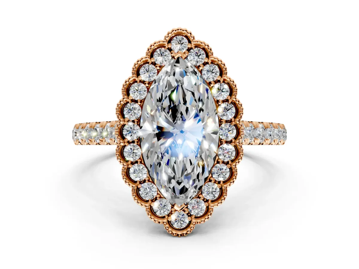 Milgrain Floral Halo Engagement Ring Setting for Marquise Center with Pave Band and Prong Head in Rose Gold