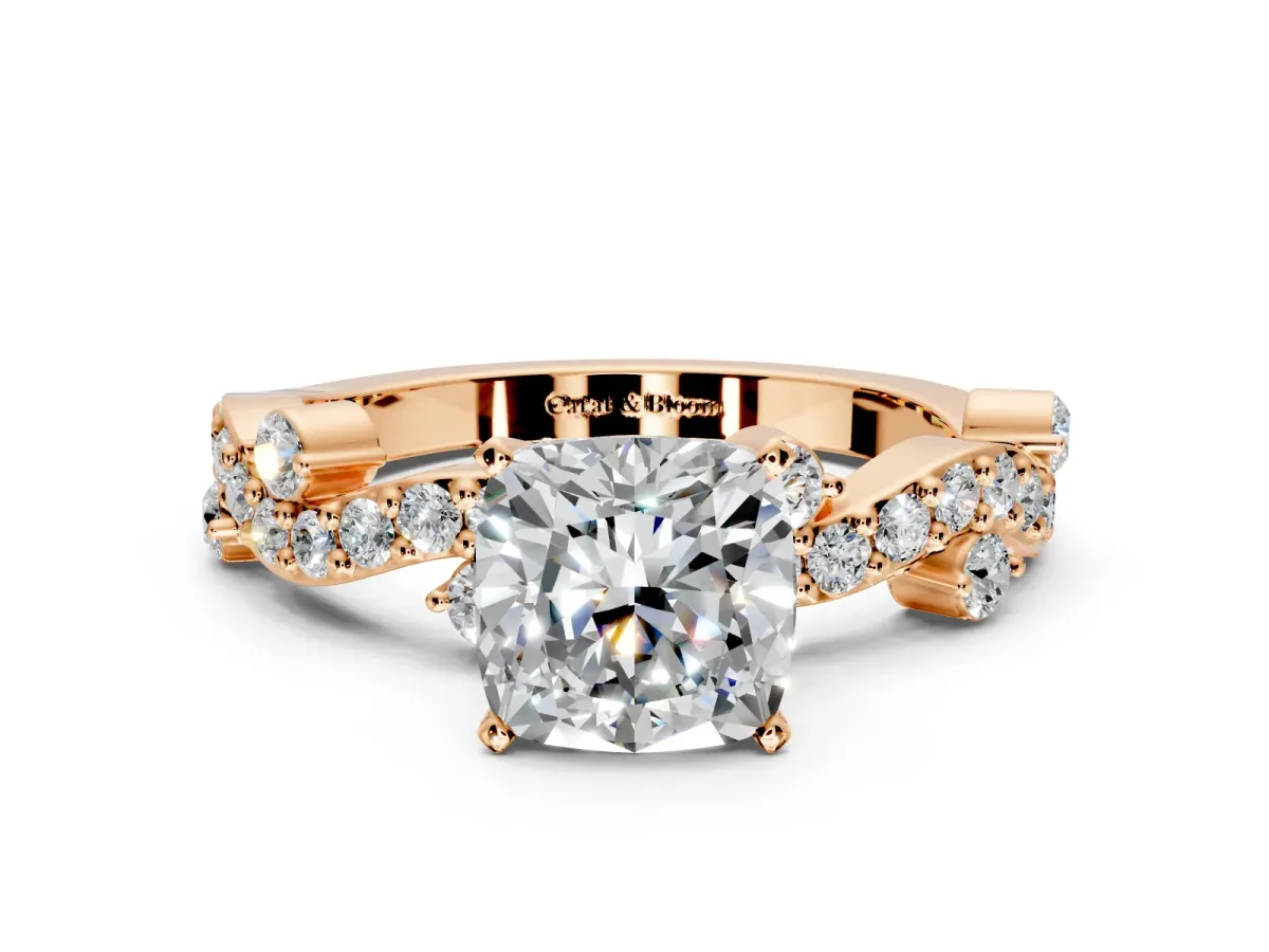 Solitaire Engagement Ring Setting for Cushion Cut Center with Bar-Station Pave Twist and Prong Head in Rose Gold